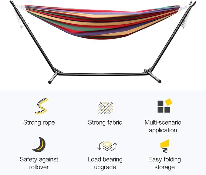 Double Hammock with Space Saving Metal Stand, 440 lb Capacity, Premium Striped Camping Hammock Portable for Outside, Carry Bag Included