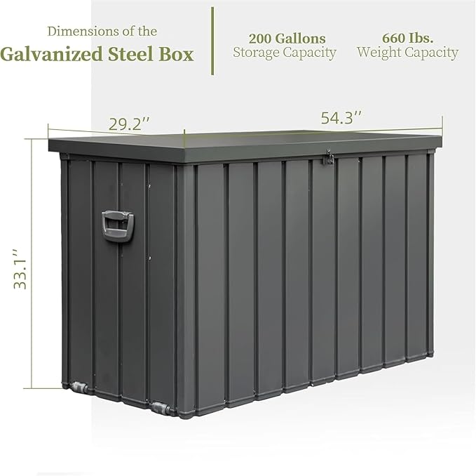 200 Gallon Weatherproof Outdoor Deck Box with UV-Resistant Rustproof Steel Panels & Hydraulic Rod, Garden Tool Chest with Side Handles & Rolling Wheels, Patio Storage Bin with Lockable Soft-Close Lid