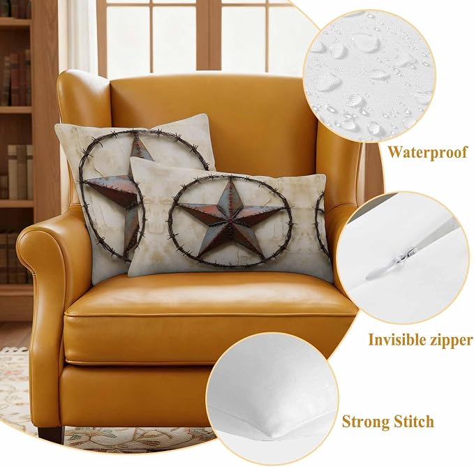 Texas Star Vintage Waterproof Outdoor Pillow Covers Set of 2 Home Decor, Abstract Country Stars Modern Pillowcase Patio Pillow Covers for Couch Bench Furniture Garden 16x16in