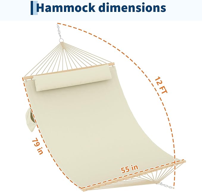 Hammocks 12 FT Double Quilted Fabric Hammock with Spreader Bar and Detachable Pillow, 2 Person Hammock for Outdoor Patio Backyard Poolside, 450lbs Weight Capacity