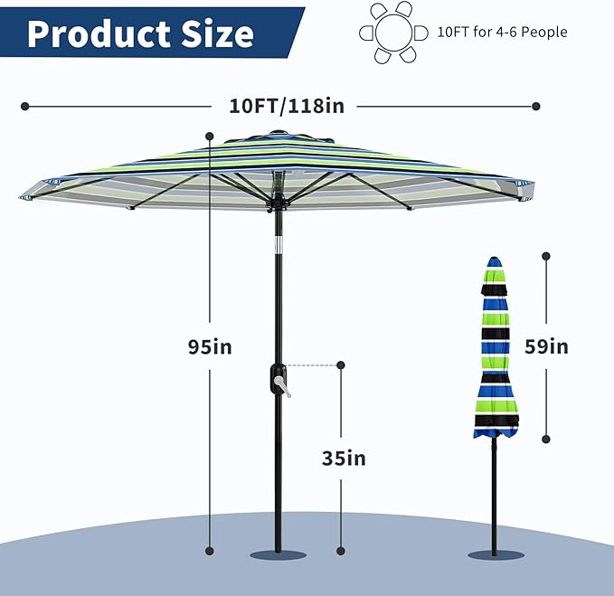 Garvee 10 ft Outdoor Patio Umbrella 8 Sturdy Ribs Outdoor Table Umbrella with Crank Lift & Push Button Tilt - UV Protection Waterproof Market Umbrellas for Pool, Deck, Yard, Garden, Tricolor Stripes