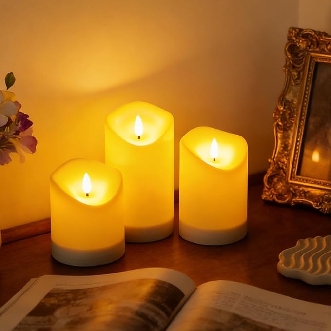 Nimiko Solar Outdoor Waterproof Flameless Candles - 3 Pack Solar & Battery Operated LED Candles, White (D3.25" x 4"/5"/6" Assorted Heights) for Garden, Patio, Outdoor Decoration