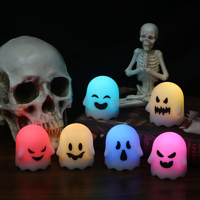 Ghost Halloween Decorations Flameless Candles with Remote Timer, 6 Pack Grimace Ghost Candles Tea Lights Battery Operated LED 12 Color Changing Candles for Halloween Decor