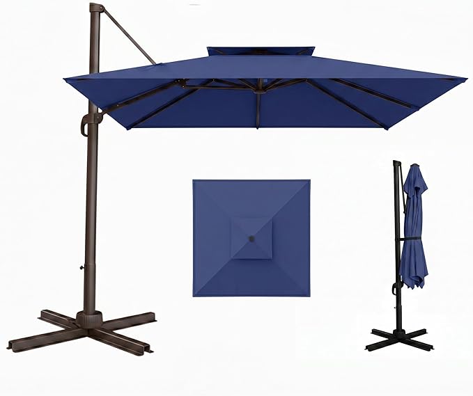 11' Patio Umbrella, Double Top Aluminum Cantilever Umbrella with 360°Rotation, Offset Patio Umbrella with Easy Tilt for Pool Deck Garden Backyard, Navy Blue (Base not Included)
