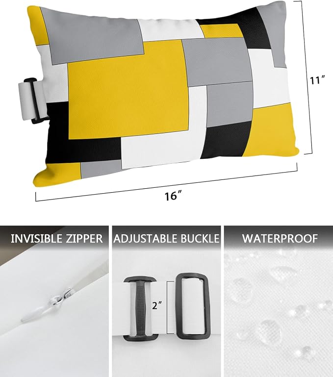 Outdoor Pillows Covers with Inserts Abstract Art Patchwork Black and Yellow Waterproof Recliner Pillow with Adjustable Strap Throw Pillows for Patio Furniture Pool Lounge Chair, 11x16 inch, 1PCS