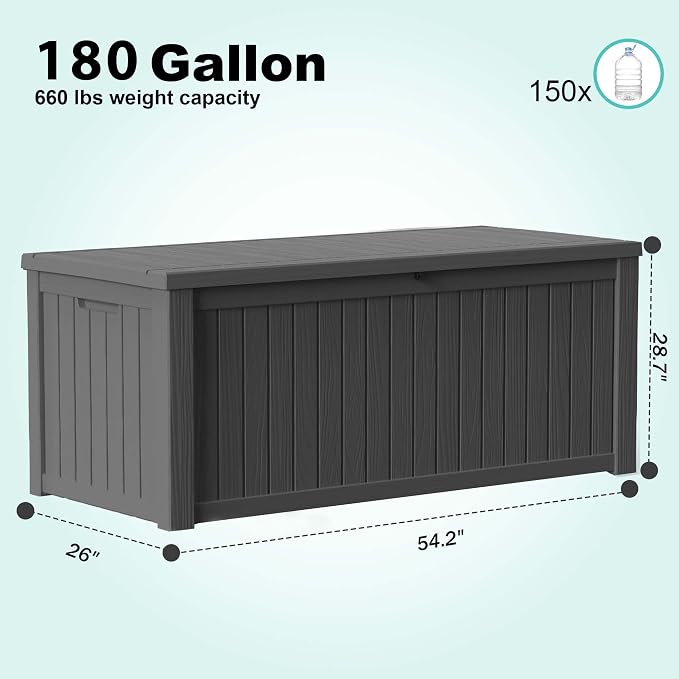 180 Gallon Outdoor Storage Box Waterproof - Outside Resin Deck Box, Lockable Storage Bin for Patio Furniture,Garden Tools,Cushions,Pool Accessories(Black)