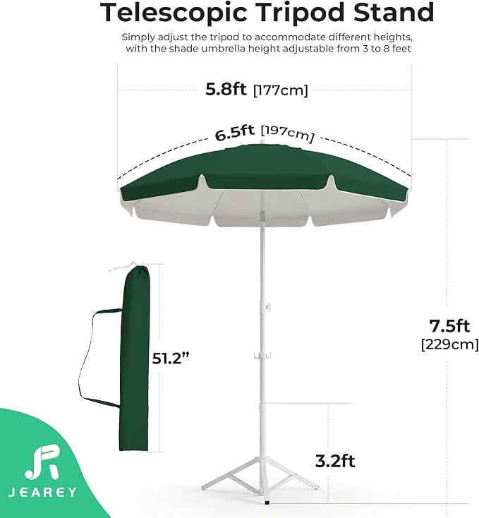 JEAREY 6.5ft Sun Shade Umbrellas, Portable Umbrella with Stand, Lightweight Sun Protection Free Standing Sport Umbrella for Outdoor Sports, Camping, Fishing, Patio, Beach, Dark Green