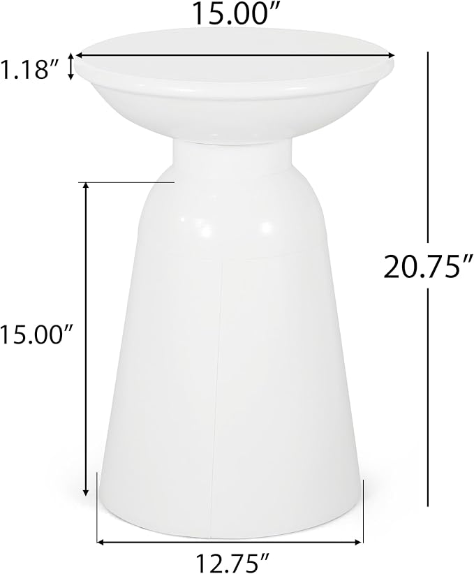 Benzara Suma Outdoor End Table, Round 15 Inch Top, Pedestal Base, White Iron