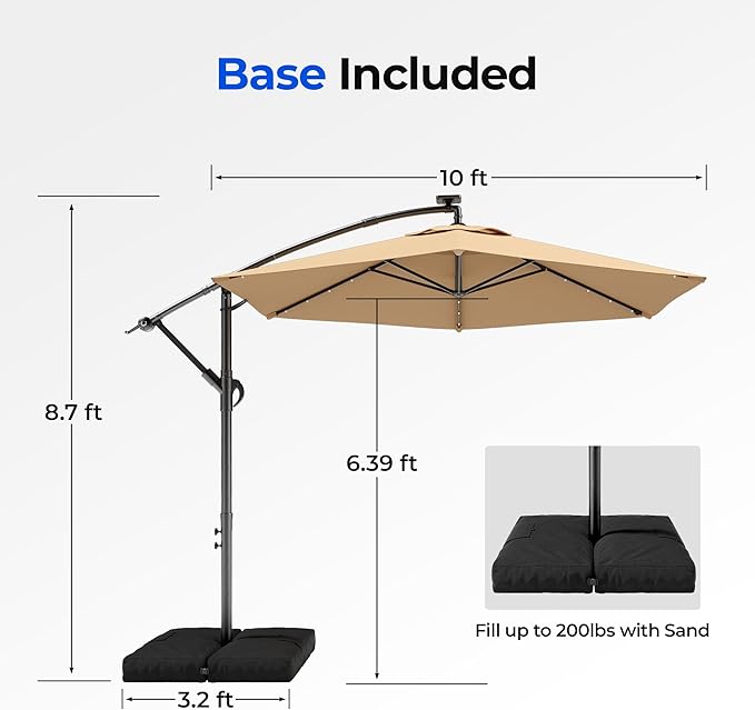 HOMSHADE 10FT Offset Patio Umbrella with Solar Lights, Outdoor Patio Umbrella with Base Included, Easy Tilt and UPF50+ Cantilever Market Hanging Umbrellas for Pool, Deck, Garden, Patio (Beige)