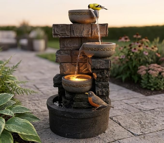 Cheng Pin 3 Tiers Water Fountain Outdoor - 28 Inch Tall Cascading Bowls and Stacked Stones Design, Create Relaxing Waterfall Flow Water Feature for Your Garden, Bird Good Rest Stop for Outside