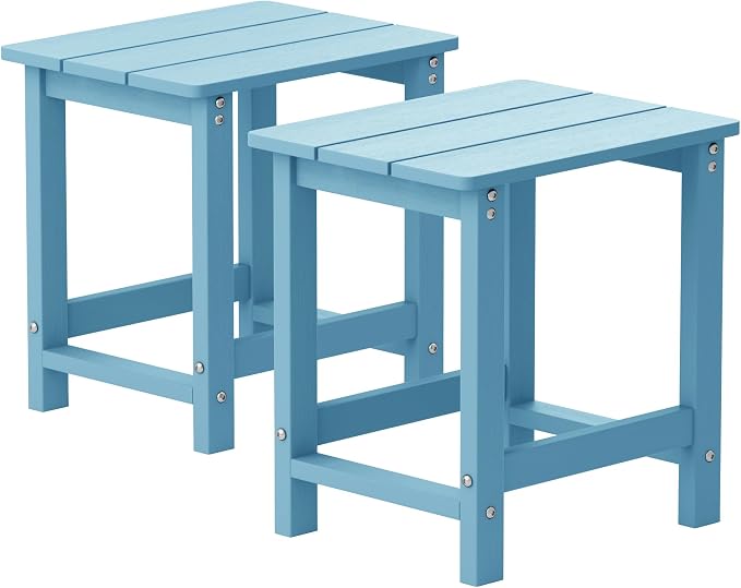MXIMU Outdoor Side Table Set of 2: Heavy-Duty Sturdy Warp Resistant Adirondack Table - Wood Grain Finish Outdoor End Tables - Easy Assembly & Low Maintenance Patio Side Table Blue