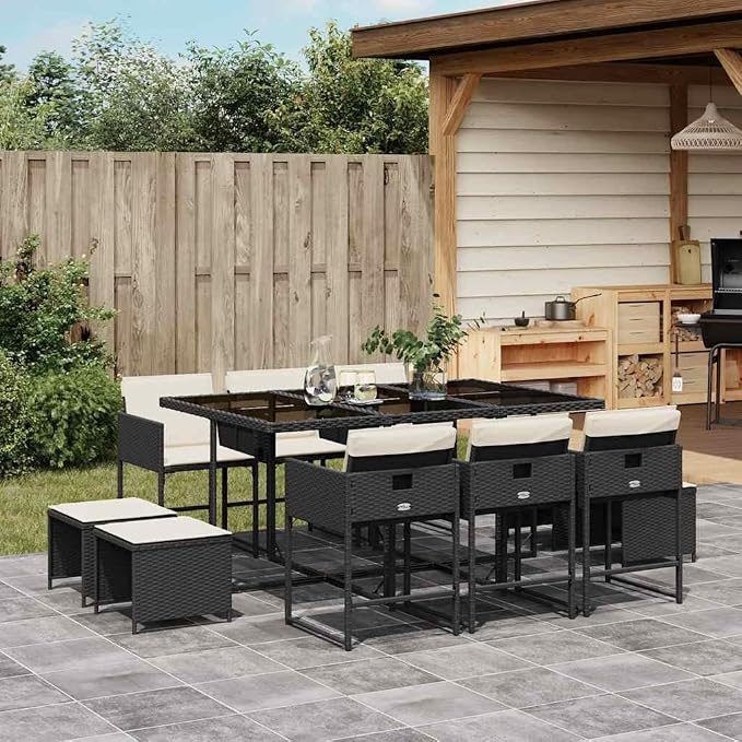 11-Piece Outdoor Dining Set for 10 People, UV-Resistant Poly Rattan Patio Furniture with Tempered Glass Table and Stackable Chairs, Black and Cream White