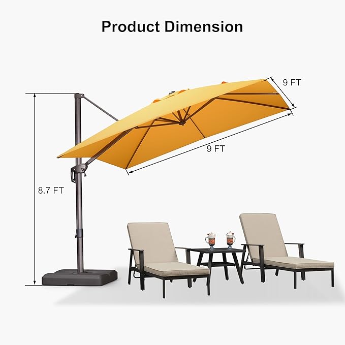 PURPLE LEAF 9' X 9' Patio Umbrella Antique Bronze Square Cantilever Umbrella Outdoor with 360° Rotation and Aluminum Offset Hanging for Pool Deck Garden Backyard, Yellow