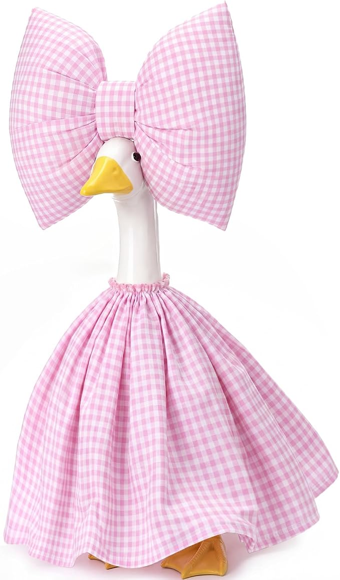 23 Inch Goose Outfit Pink Plaid Dress with Bow Garden Goose Clothes for Outdoor Lawn Yard Patio Courtyard Farmhouse Statue Decoration