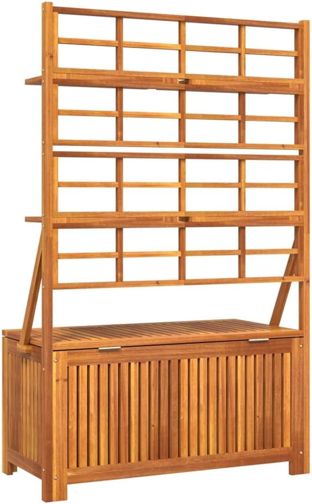 Outdoor Storage Box with Trellis Solid Acacia Wood 39"x19.7"x63" Patio Furniture for Deck Poolside Garden Organization, 4 Shelves Water-Resistant Inner Bag