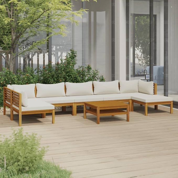 Patio Lounge Set with Cream Cushion,Patio Furniture Sets,Patio Conversation Sets,Outdoor Furniture Sets,for Garden,Backyard,Outdoor,8 Piece Solid Acacia Wood