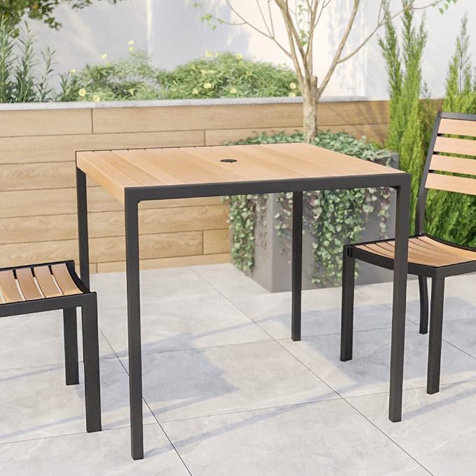 EMMA + OLIVER Outdoor Steel Dining Table with Umbrella Hole - Faux Teak Poly Slatted Top - Black Frame - 30x48 Table Seats up to 4 Adults