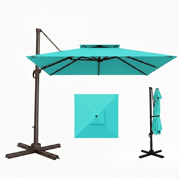 10'×10' Patio Umbrella, Double Top Aluminum Cantilever Umbrella with 360°Rotation, Offset Patio Umbrella with Easy Tilt for Pool Deck Garden Backyard, Turquoise (Base not Included)