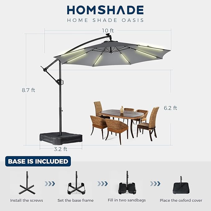 HOMSHADE 10 ft Offset Patio Umbrella with Solar Lights, LED Lighted Umbrella Outdoor Patio with Base Included, Heavy Duty Hanging Cantilever Umbrellas for Pool Deck with UV Protection&Easy Tilt, Grey