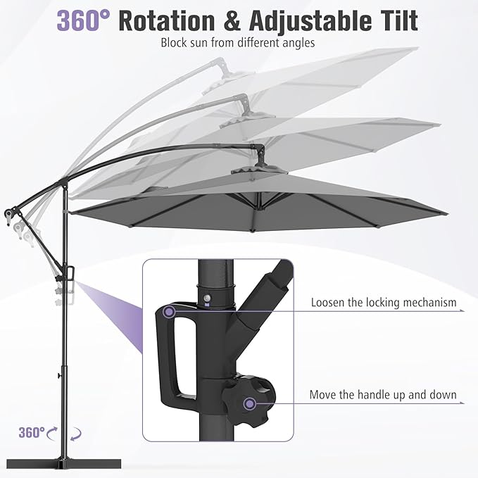 Tangkula 10 FT Patio Offset Umbrella, Hanging Cantilever Umbrella w/X-shaped Base & 360° Rotation, Smooth Crank Handle, Vented Top, Outdoor Market Umbrella for Backyard, Deck (Grey)