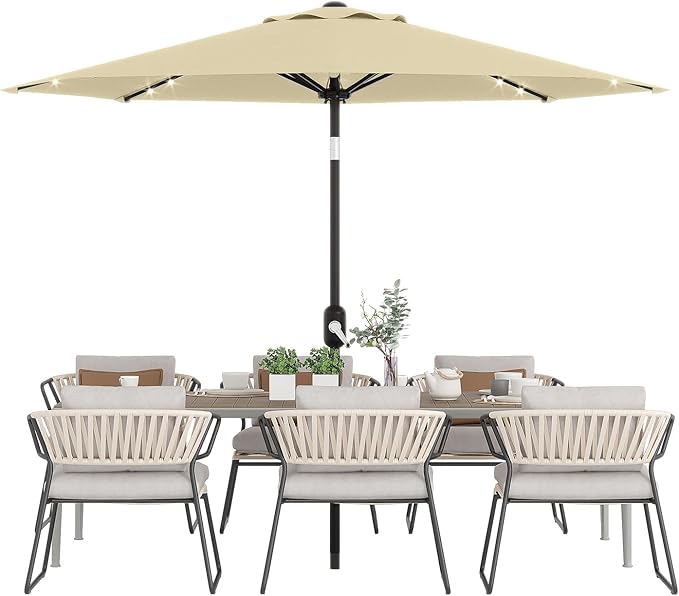 10 ft Patio Umbrella with Solar Lights, Outdoor LED Lighted Umbrella, 40 LED Lights & Tilt Crank, 8 Ribs for Poolside, Deck, Backyard