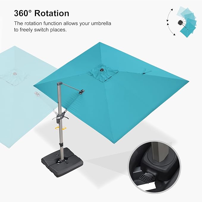 PURPLE LEAF 9' x 11' Patio Umbrella with Base Cantilever Umbrella Rectangular Outdoor Offset Umbrella with Champagne Frame and 360° Rotation for Garden Deck Pool, Turquoise Blue