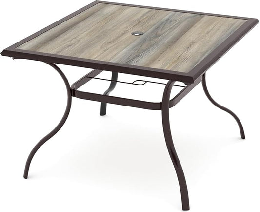Anmutig Outdoor Dining Table with Square Wooden-Like PVC Table Top and Umbrella Hole for Bistro, Garden, Poolside, Backyard -Laminated Top Brown Metal Steel Frame