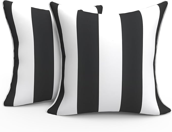 Outdoor Throw Pillow Covers Pack of 2, Decorative Water Repellent Square Pillow Cases with Piping 18x18 Inch, Cabana Black