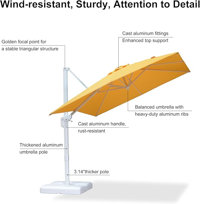 PURPLE LEAF 8 FT Patio Umbrella White Cantilever Umbrella Aluminum Square Outdoor Offset Umbrella Hanging Windproof with 360° Rotation for Garden Deck Pool, Yellow