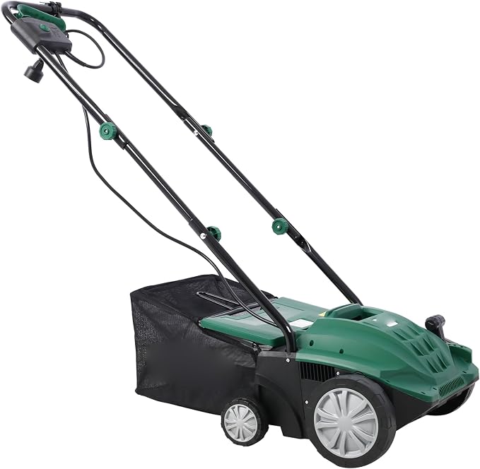 13" Electric Dethatcher and Scarifier 12 Amp Lawn Dethatcher with 31.7QT Collection Bag 2-in-1 Thatcher for Lawn Turf Vacuum for Artificial Grass Green