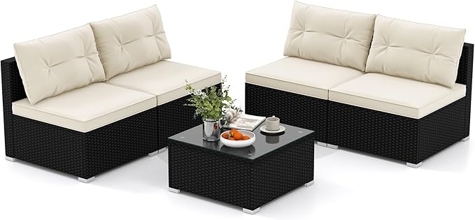HAPPYGRILL 5 Pieces Patio Rattan Sofa Set, Outdoor Furniture Set with Seat & Back Cushions, Square Coffee Table with Tempered Glass Tabletop, Wicker Patio Conversation Set for Backyard, Poolside