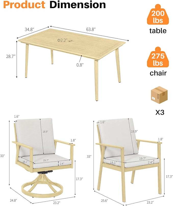 7 Pieces Outdoor Dining Set for 6, Never-Rust Aluminum Patio Swivel Dining Set with 2.2" Umbrella Hole, Outdoor Patio Furniture Set with 2 Swivel Chairs for Decks, Pool, Backyard, Maple Wood