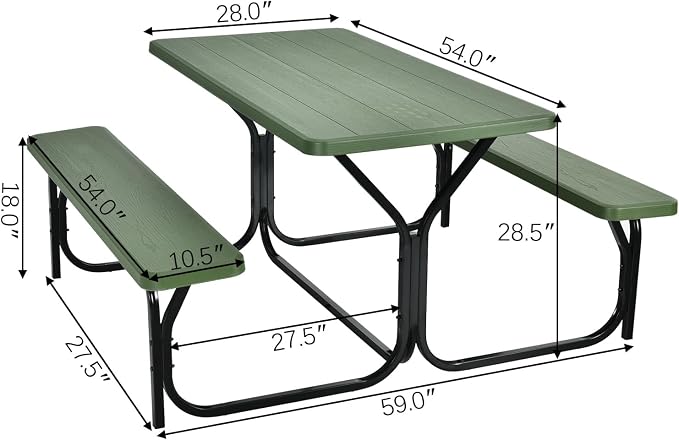 LDAILY Picnic Tables, Rectangular Picnic Table with Steel Frame, 2 Benches Set, HDPE Tabletop, Plastic Picnic Table for Outdoor, Camping, Patio, Lawn, Yard, Picnic Parties (Green)
