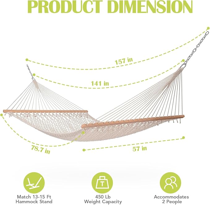 Lazy Daze Hammocks Rope Hammock with Pad, 2 Person Hand Woven Cotton Hammock with Spreader Bar for Outdoor, Indoor, Patio, Poolside, FIT 13-15 Foot Stand, Max 450 Lbs
