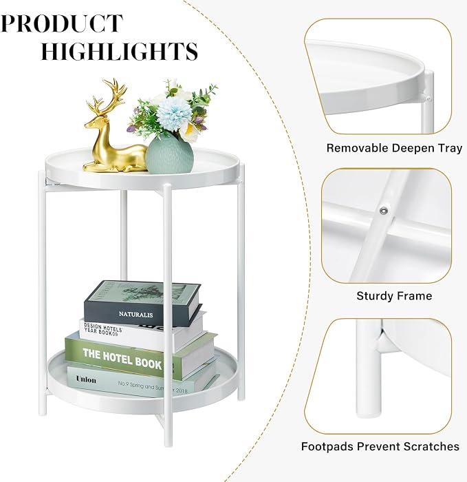 Danpinera 2 Tier Metal Side Table with Removable Tray - Round Accent Table, Anti-Rust White Nightstand for Bedroom, Balcony, Patio