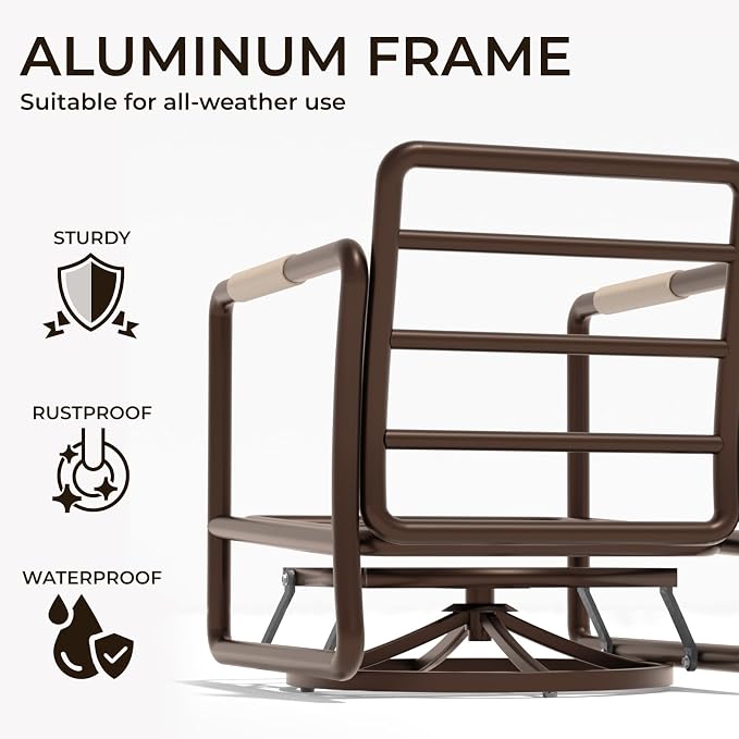 5-Piece All-Weather Aluminum Patio Conversation Set, 2 Swivel Rocking Chairs, 3-Seat Sofa & Rectangular Coffee Table for Pool, Garden, Balcony, Brown