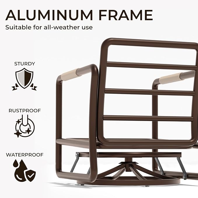 MBY Outdoor Aluminum Patio Furniture Set, 5-Seats Patio Conversation Sofa Set with 2 Swivel Rocking Chairs and 2 Coffee Tables, All Weather for Pool, Balcony, Garden-Brown