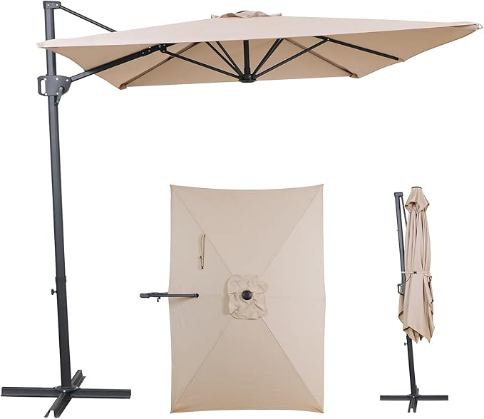 10FT Offset Patio Umbrella, Cantilever Hanging Umbrella with Infinite Tilt, Fade-Resistant Water-Repellent Canopy & Cross Base for Yard, Garden & Deck