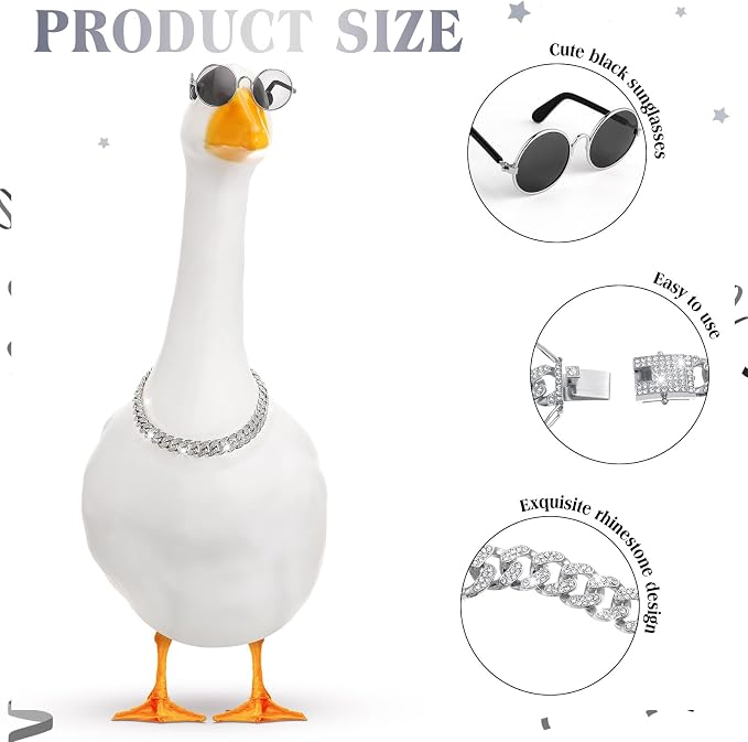 Shyyween Chain Collar and Sunglasses Porch Goose Outfits for Plastic Goose 23"/ 17'' Lawn Geese Statue Sunglasses Collar for Garden Geese Retro Pet Cosplay Party Yard(Silver,Rhinestone)