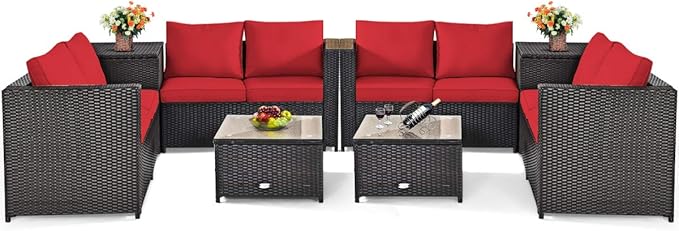 Tangkula 8 Piece Wicker Patio Set with Storage, All Weather-Proof Outdoor Conversation Set, with Loveseat, Glass Top Coffee Table & Storage Box, Suitable for Garden, Poolside, Sunroom (2, Red)
