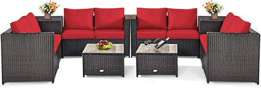 Tangkula 8 Piece Wicker Patio Set with Storage, All Weather-Proof Outdoor Conversation Set, with Loveseat, Glass Top Coffee Table & Storage Box, Suitable for Garden, Poolside, Sunroom (2, Red)