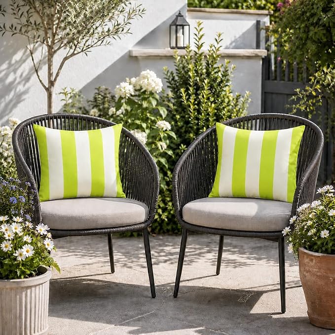 Pack of 2 Outdoor Waterproof Striped Pillow Covers Decorative Throw Covers | 20x20,Green Yellow Garden Cushion Covers, Farmhouse Pillowcases for Couch Sofa Patio Tent Balcony