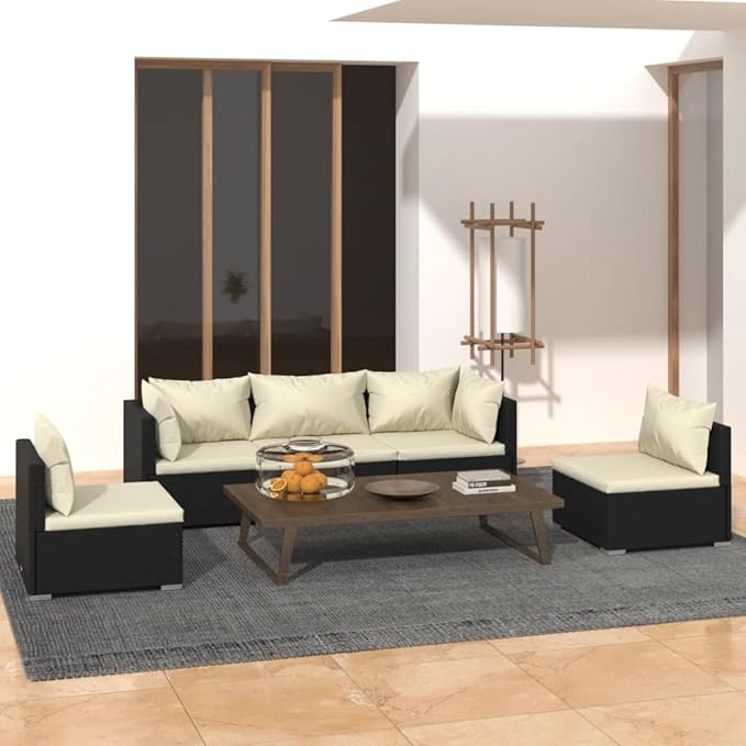 5 Piece Patio Lounge Set,Outdoor Garden Conversation Set,Patio Outdoor Set Suitable Suitable for Patio,Deck,Balcony with Cushions Poly Rattan Black