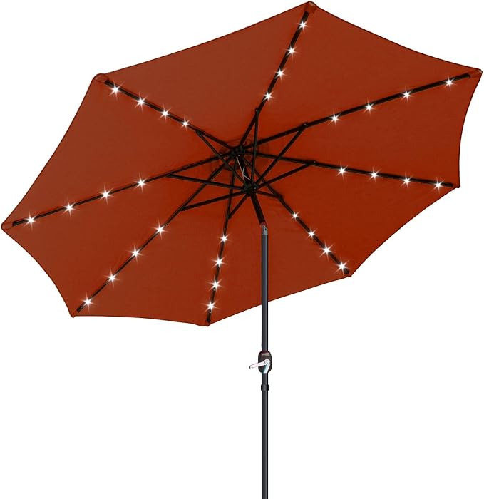 SZHLUX 10ft Solar Powered Patio Umbrella with 32 LED Lights, Aluminum Polyester Solar Umbrella w/Tilt Adjustment and UV-Resistant Fabric