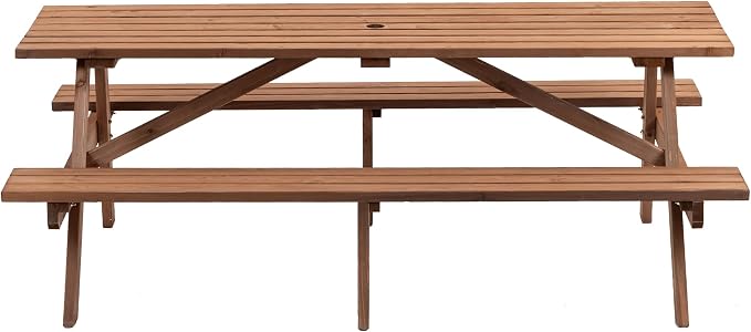 8 Person Wooden Picnic Table, 75" Wood Rectangular Outdoor Camping Dining Table with 2 Built-in Benches,Umbrella Hole,Classic Picnic Table Bench Set for Garden Courtyard,2220lb Capacity,Walnut Brown