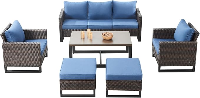 Rilyson Wicker Outdoor Patio Furniture Set - 6 Piece Patio Conversation Set with 2 Armrest Chairs,2 Rattan Ottoman,1 Couch and 1 Metal Side Table for Outside Porch Deck Backyard(Brown/Blue)