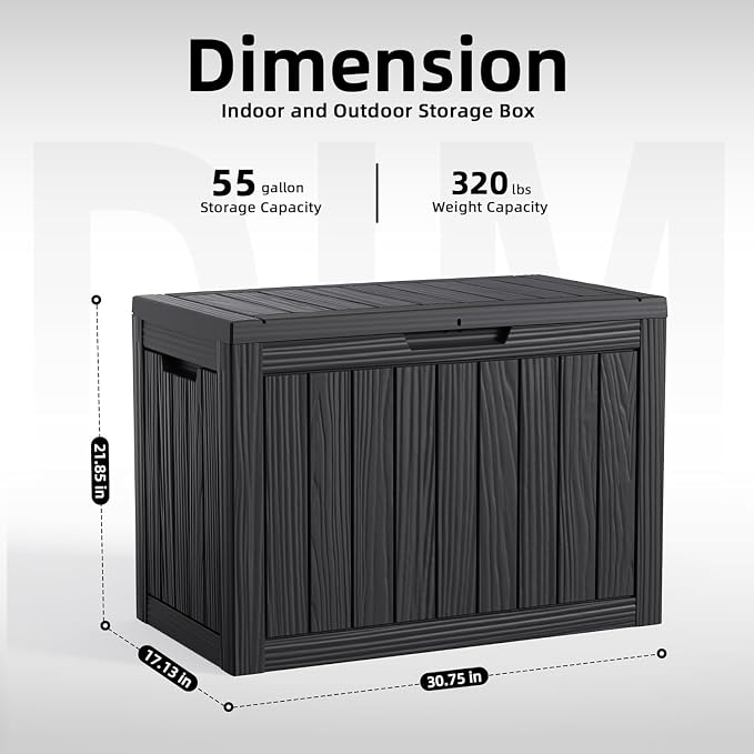 Vixzen 55 Gallon Deck Boxes Outdoor Waterproof, Lockable Resin Storage Box with lid for Furniture Cushions, Weatherproof Containers Outside Storage Boxes for Garden Patio Pool Tools(Black, 50 Gallon)