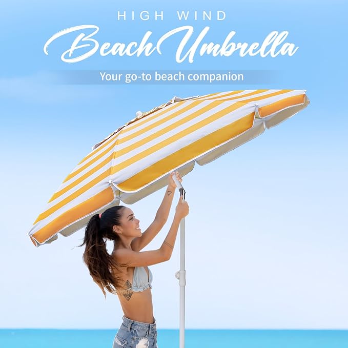 AMMSUN 6.5 Foot Heavy Duty Beach Umbrellas for Sand with tilt Sun Shelter, UV 50+ Protection Outdoor Sunshade Umbrella with Carry Bag for Patio Garden Beach Pool Backyard multicolor Yellow