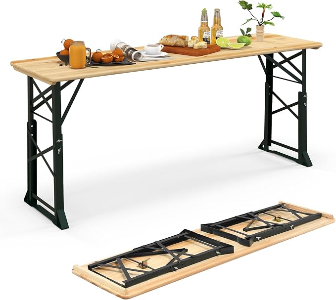 Goplus Folding Picnic Beer Table, 66.5” Outdoor Camping Table with Adjustable Heights, Umbrella Hole and Wood Top, Rectangular Portable Picnic Table for Patio Garden Party Backyard, No Assembly
