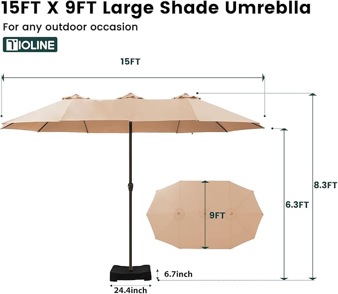 15FT Large Patio Umbrellas with Base Included, Outdoor Double-Sided Rectangle Big Market Umbrella with Stand, Outside Umbrellas for Poolside Lawn Backyard,Beige